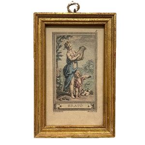 Antique French Engraving ERATO MUSE hand colored Florentine gilt gold frame